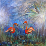 Acryl schilderij op doek, Maya Wildevuur, Flamingo’s, 1991